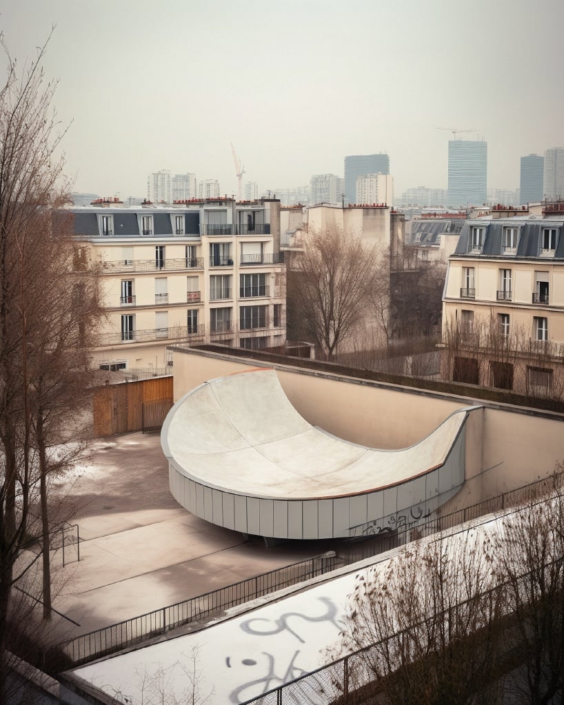 人工智能生成的滑板公园从巴黎城市景观中脱颖而出