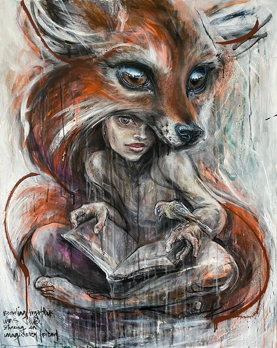 A large-eyed young woman looks at the viewer and wears a fox headdress, a book in her lap